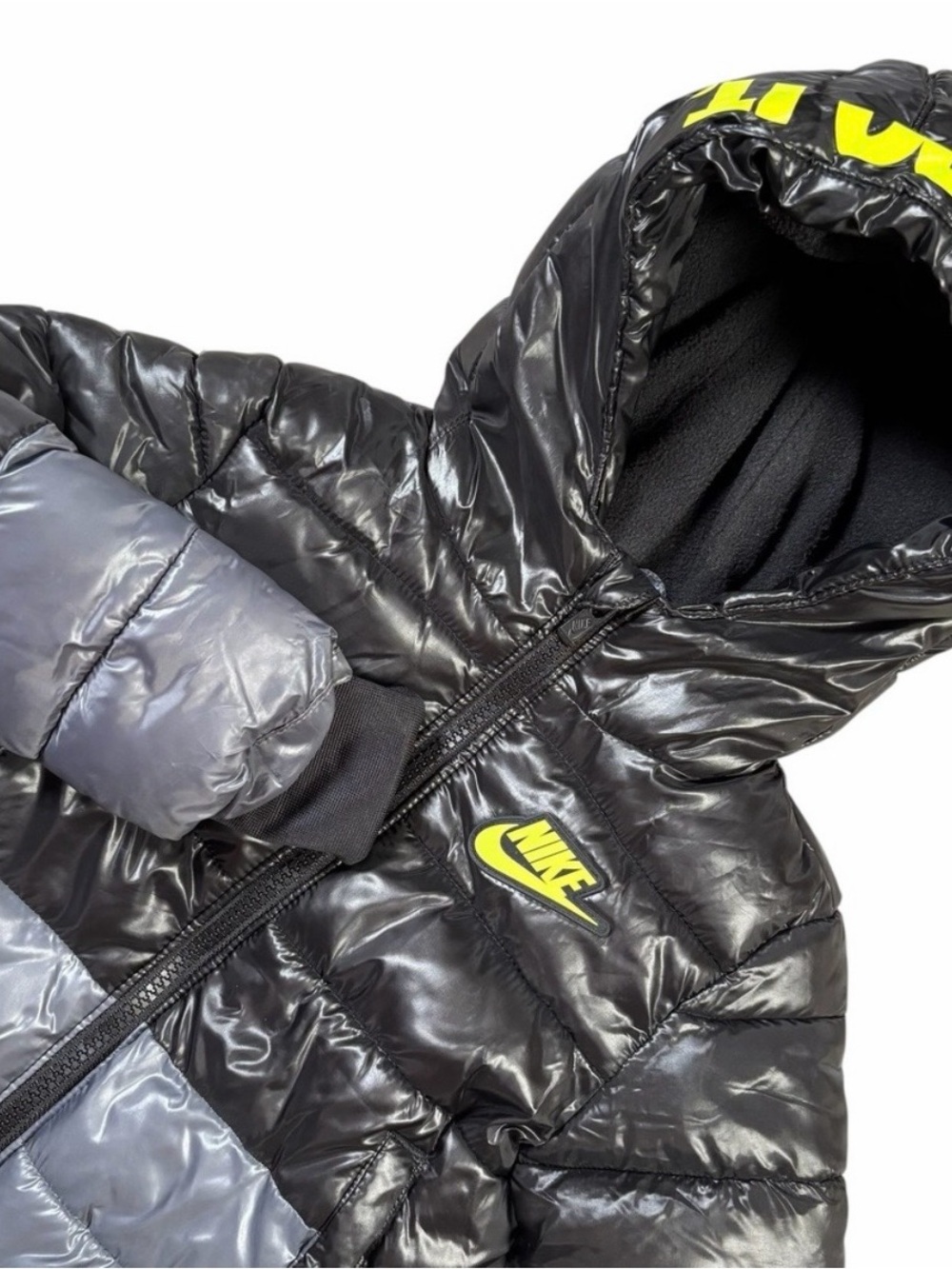 Nike Kids Black & Gray Puffer Jacket with Neon Yellow Logo